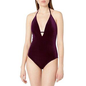 LAUNDRY BY SHELLI SEGAL Purple Velvet Plunge V-Neck One Piece Swimsuit, Size M/L